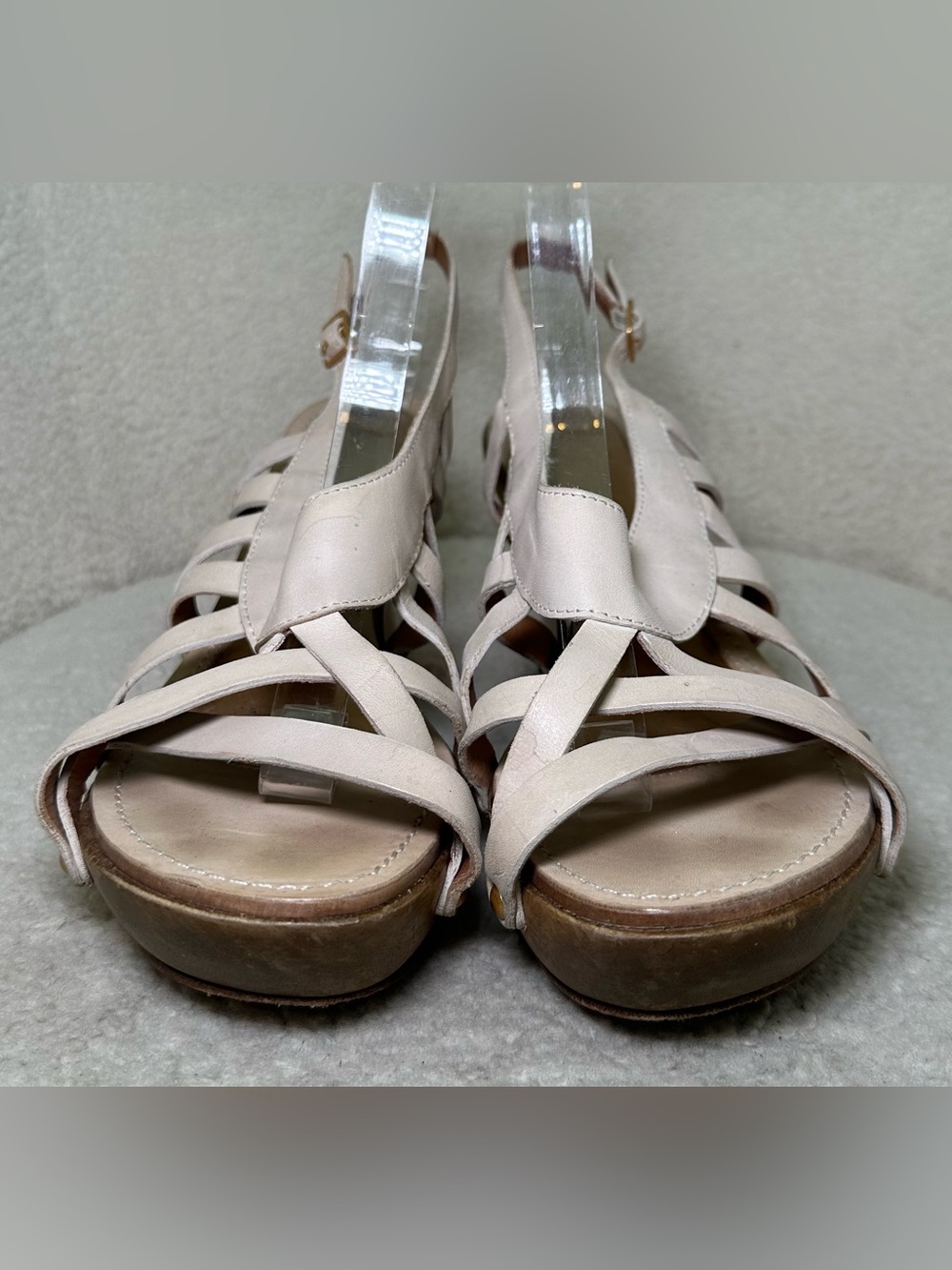 Leifsdottir Vintage Anthropologie Ivory Leather Wood Platform Wedge Strappy 9 - Picture 9 of 12